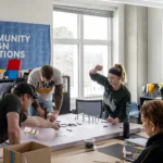 Students and faculty work on drafts and models of benches in the Community Design Solutions office.