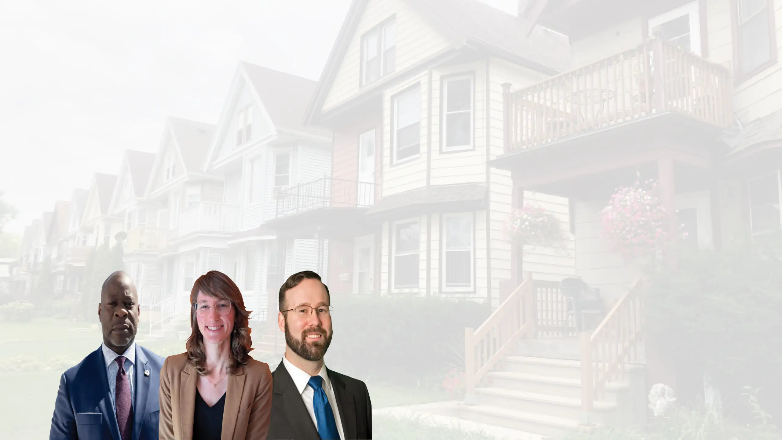 Three professional headshots over a faded background of attached townhomes with porches, balconies, landscaped walkways, and front steps.