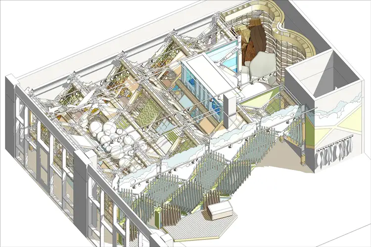 Axonometric drawing of an indoor play space showing ramps, nets, platforms, and cloud-like elements within a multi-level architectural interior. Axonometric drawing of an indoor play space showing ramps, nets, platforms, and cloud-like elements within a multi-level architectural interior.
