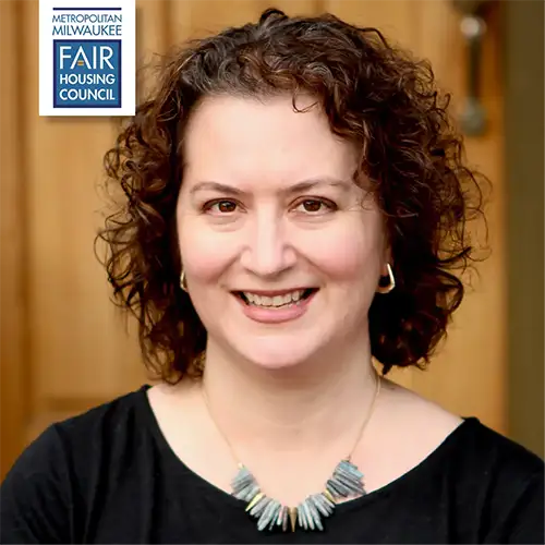 Erika headshot with Fair Housing logo