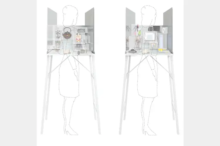 Two side-by-side workstation sections showing a standing user outline interacting with small objects, screens, and tools within a compact elevated desk enclosure. Two side-by-side workstation sections showing a standing user outline interacting with small objects, screens, and tools within a compact elevated desk enclosure.
