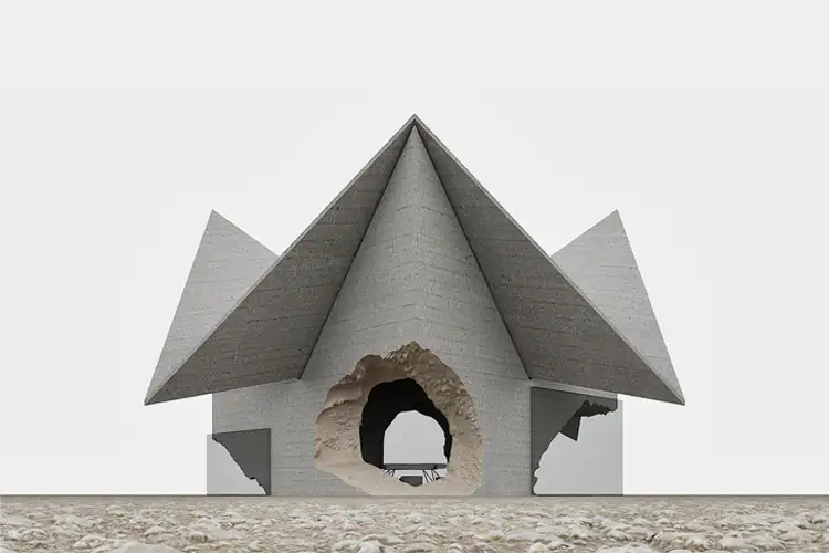 Concrete pavilion with steep folded roof and cave-like opening, shown front-on against a blank background with a rough, textured ground plane. Concrete pavilion with steep folded roof and cave-like opening, shown front-on against a blank background with a rough, textured ground plane.