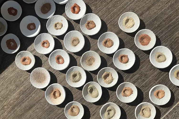 Piles of fine particles rest in white dishes neatly arranged on a surface.