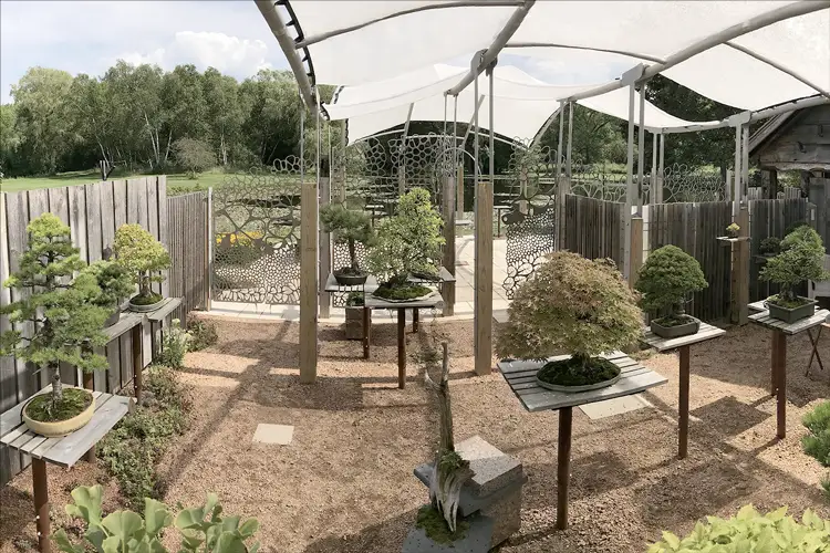 Outdoor bonsai garden with miniature trees on raised wooden tables beneath a tensile canopy, enclosed by fencing and surrounded by greenery. Outdoor bonsai garden with miniature trees on raised wooden tables beneath a tensile canopy, enclosed by fencing and surrounded by greenery.