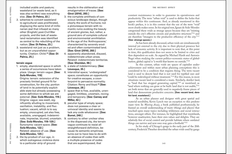 Open book spread with dense academic text and footnotes, discussing terrain vague, wastelands, and urban theory in a two-column layout. Open book spread with dense academic text and footnotes, discussing terrain vague, wastelands, and urban theory in a two-column layout.