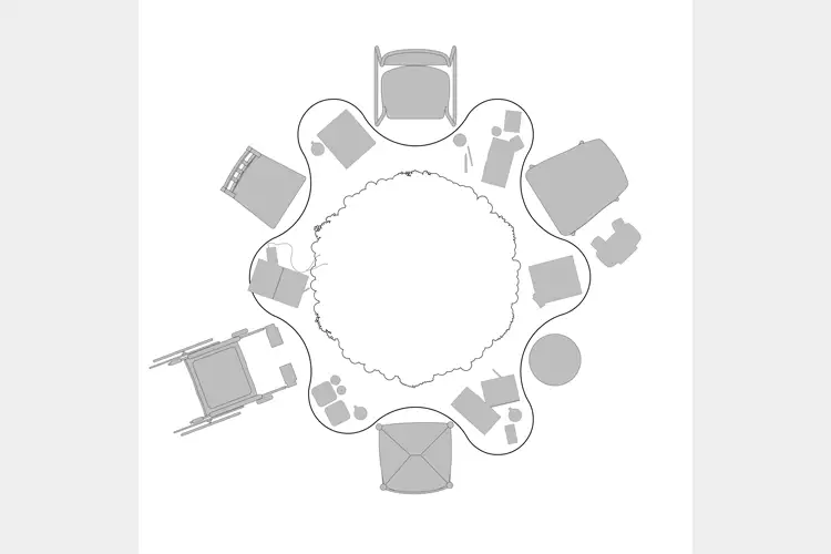 Top-down diagram of a circular table surrounded by varied seating and mobility devices, showing inclusive seating arrangements around a shared central space. Top-down diagram of a circular table surrounded by varied seating and mobility devices, showing inclusive seating arrangements around a shared central space.