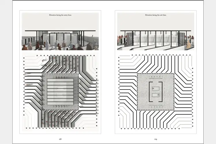 Two-page architectural spread showing entry elevations above diagrammatic plans with layered black-and-white lines illustrating structure and circulation flows Two-page architectural spread showing entry elevations above diagrammatic plans with layered black-and-white lines illustrating structure and circulation flows
