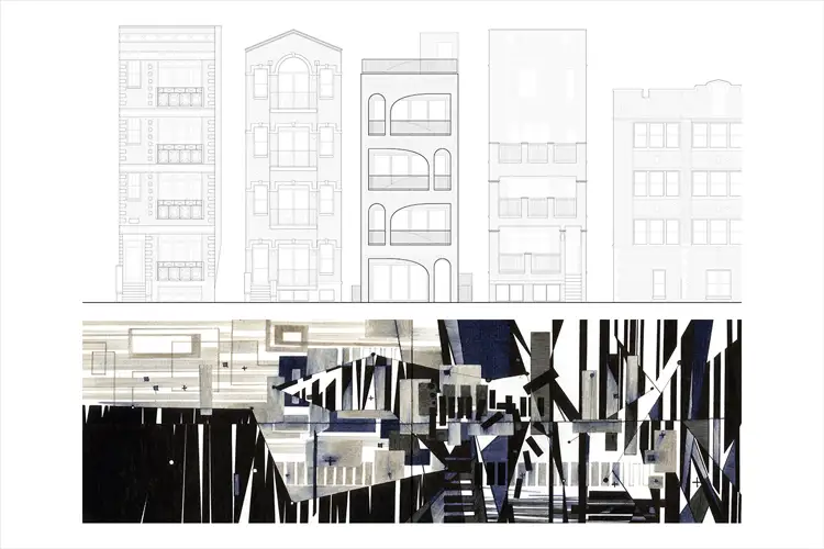 Top: faint line drawings of varied building facades. Bottom: abstract collage of geometric interior with beams, stairs, and layered forms. Top: faint line drawings of varied building facades. Bottom: abstract collage of geometric interior with beams, stairs, and layered forms.