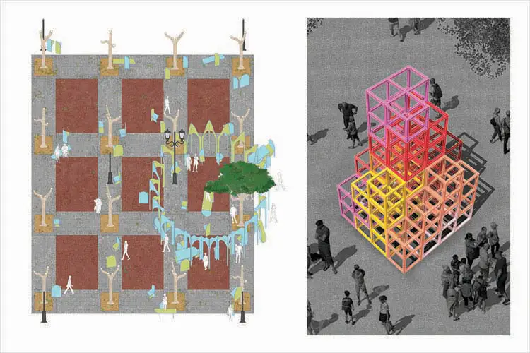 Left: illustrated plaza plan with trees, people, and seating. Right: stacked cube lattice sculpture in gradient colors surrounded by pedestrians. Left: illustrated plaza plan with trees, people, and seating. Right: stacked cube lattice sculpture in gradient colors surrounded by pedestrians.