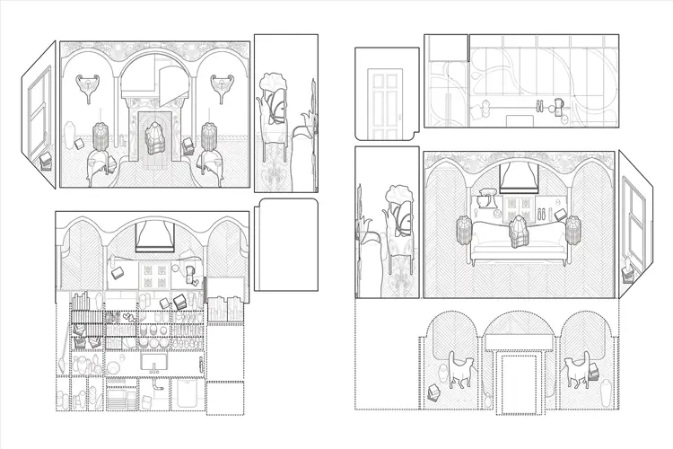 Line drawings of interior spaces with arches, furnishings, and fixtures, showing multiple room layouts and sectional views in a grid. Line drawings of interior spaces with arches, furnishings, and fixtures, showing multiple room layouts and sectional views in a grid.