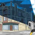 A graphic depicting a laser scanner scanning a building.