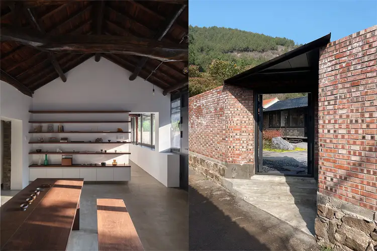 Split image showing a minimalist interior with exposed timber rafters and built-in shelving beside a brick courtyard entrance framed by angular rooflines.