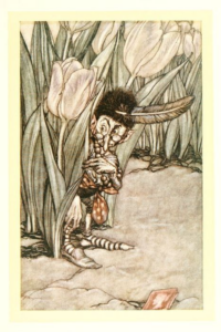 Image details: Arthur Rackham, When he heard Peter's voice he popped in alarm behind a tulip from Peter Pan in Kensington Garden by J.M. Barrie, 1910.