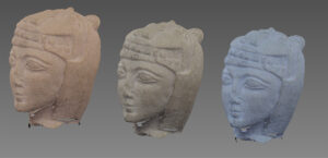 Three side-by-side renderings of an ancient sculpted head, likely Egyptian.