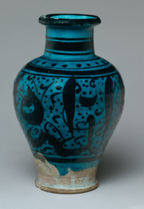 Figure 6. Jar. Syria (Raqqa), ca. late 12th century - early 13th century CE. Stonepast, painted under transparent turquoise glaze. Credit Line: H. O. Havemeyer Collection, Bequest of Horace Havemeyer, 1956. Metropolitan Museum of Art, 56.158.18. 