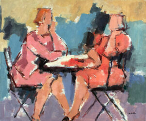 An abstract painting of two women sitting at a small round table.