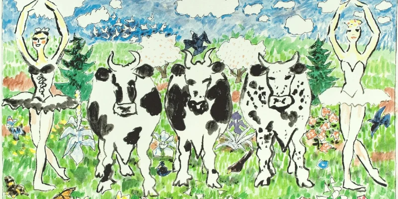 Artwork comprised of two ballerinas and three adult cows lined up
