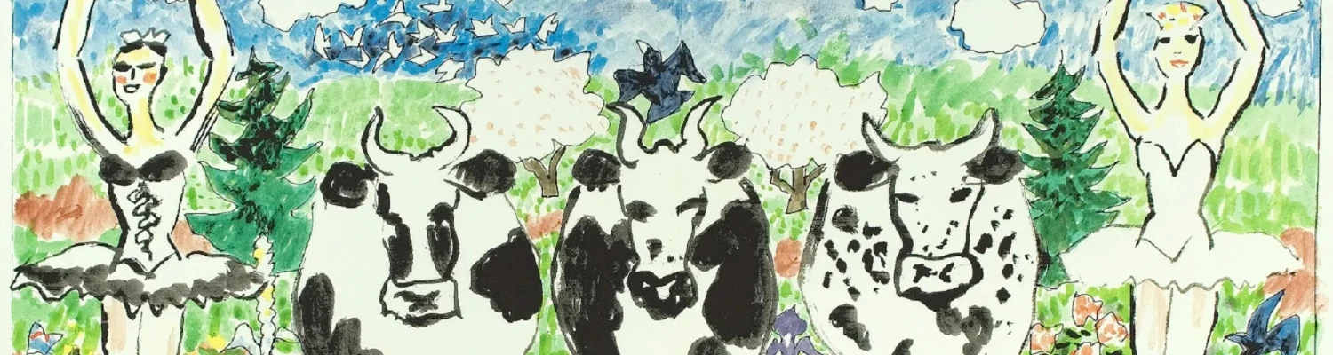 Artwork comprised of two ballerinas and three adult cows lined up