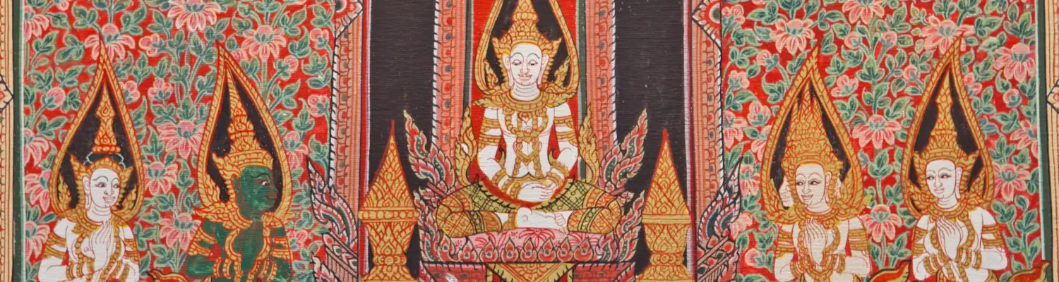 Traditional Southeast Asian temple painting of deities in ornate robes surrounded by floral patterns