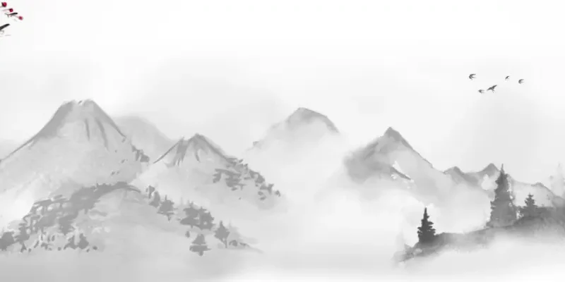 Traditional East Asian ink wash painting of misty mountains with red blossoms in the foreground
