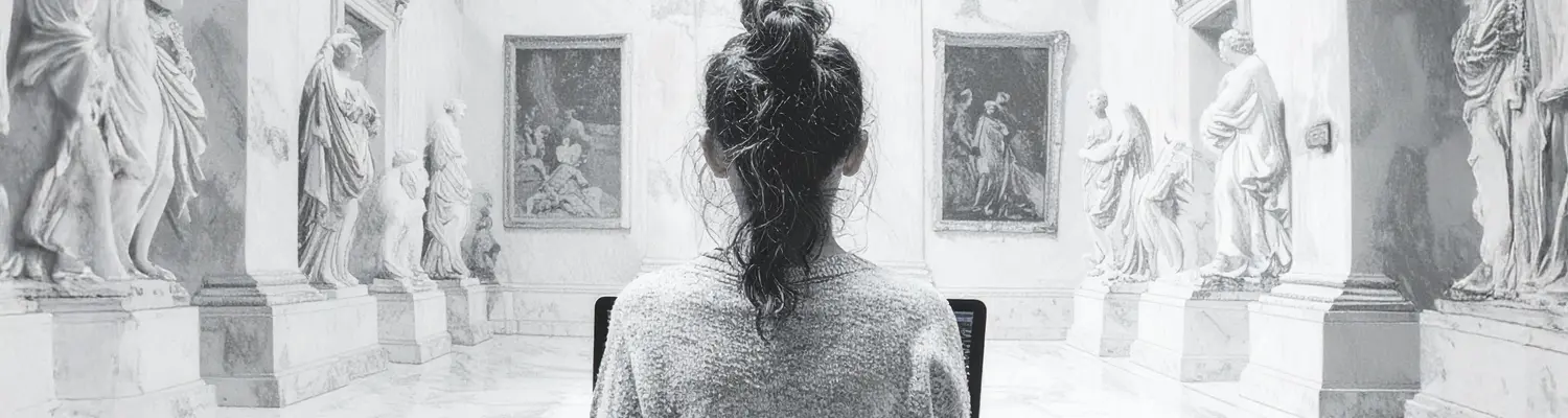 Person sitting in museum using laptop