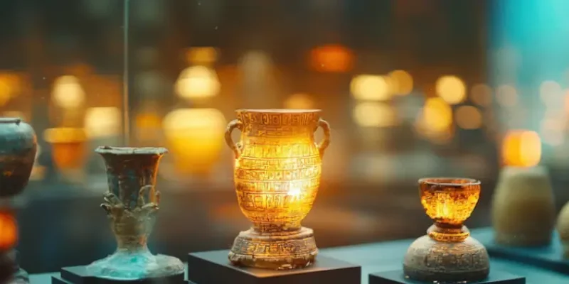 Illuminated collection of ancient vases and artifacts in a museum setting