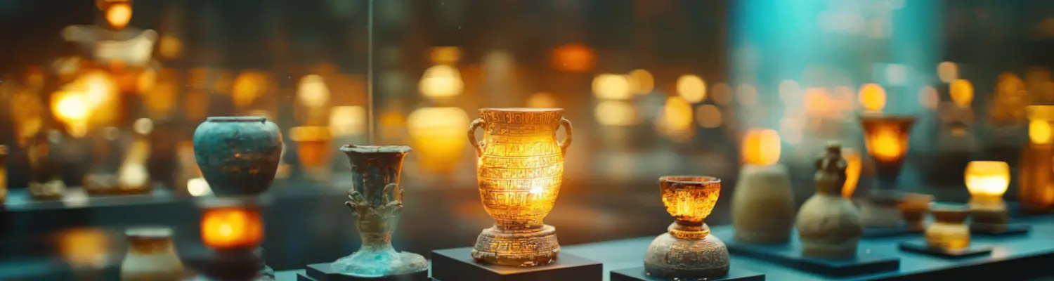 Illuminated collection of ancient vases and artifacts in a museum setting