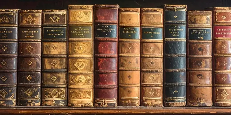 spines of aged books in library