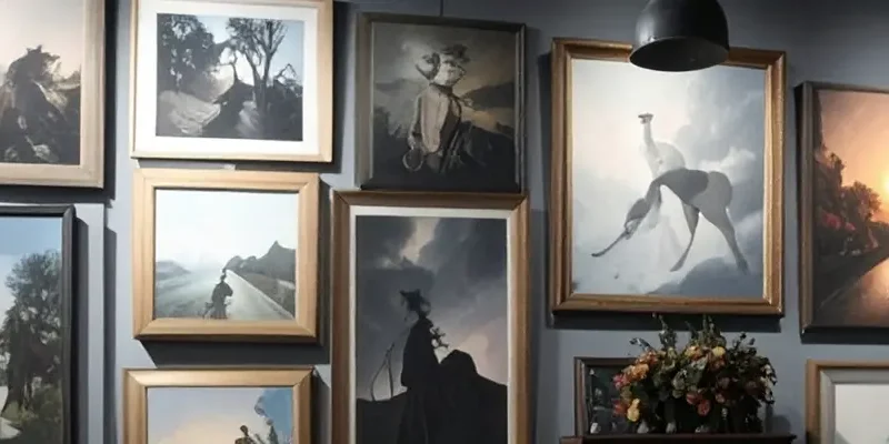 several framed paintings on a wall