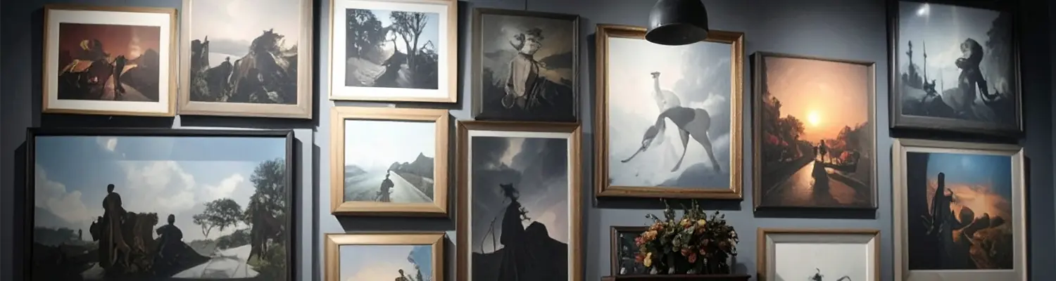 several framed paintings on a wall