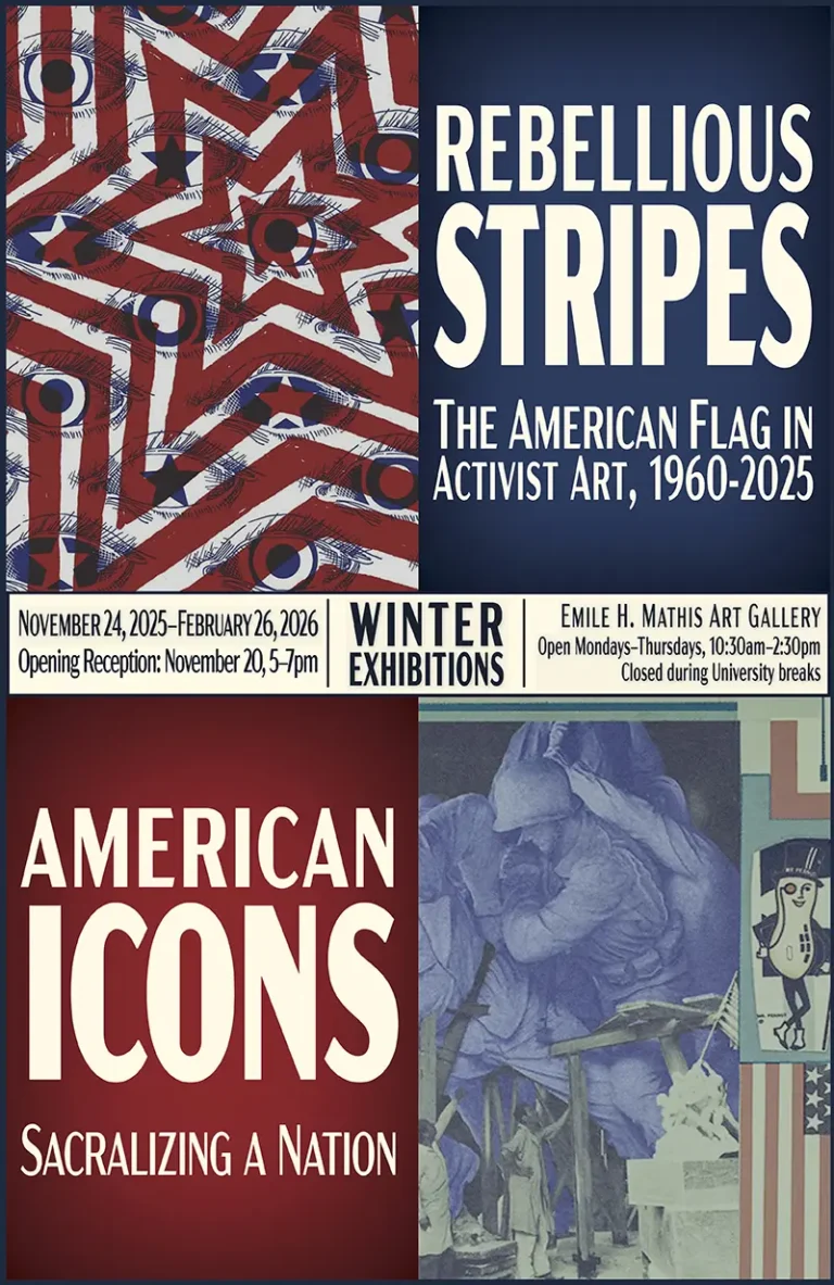 Winter Exhibitions poster; Rebellious Strips on top panel and American Icons on lower panel
