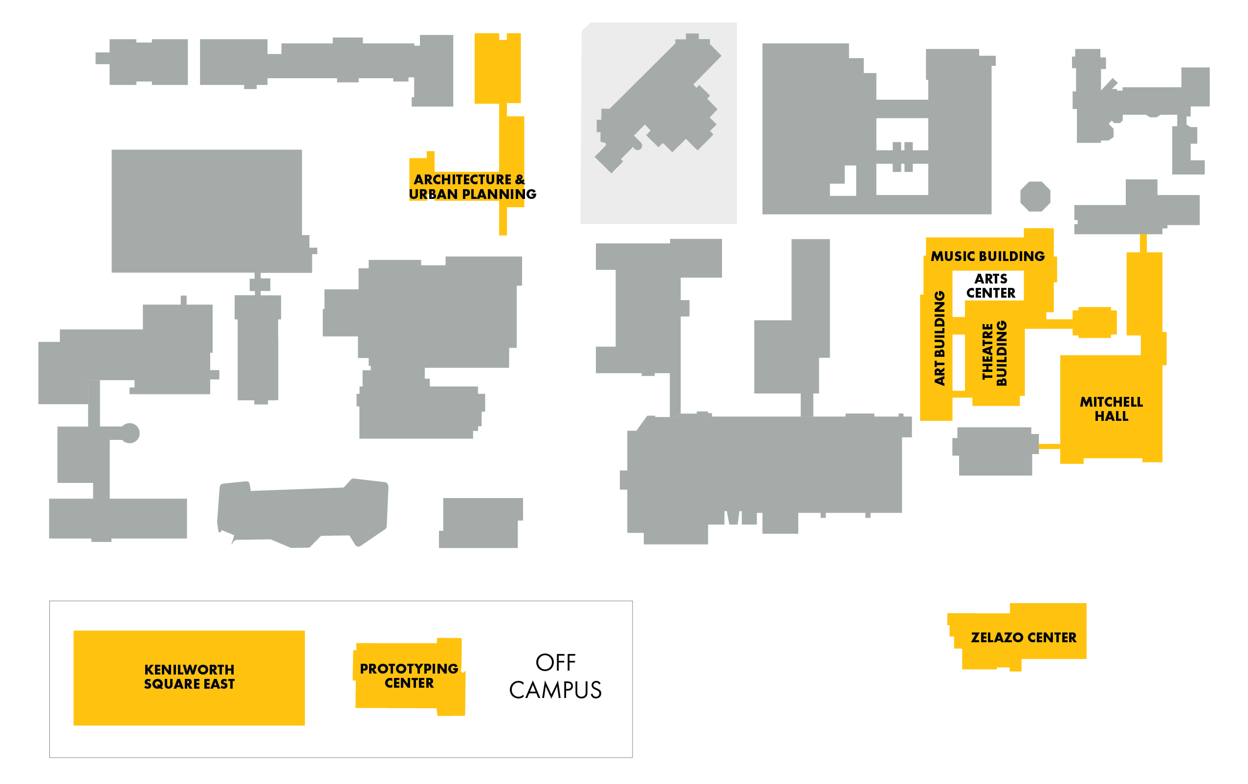 Illustrative 2D building map identifying the College of Arts & Architecture facilities in gold.