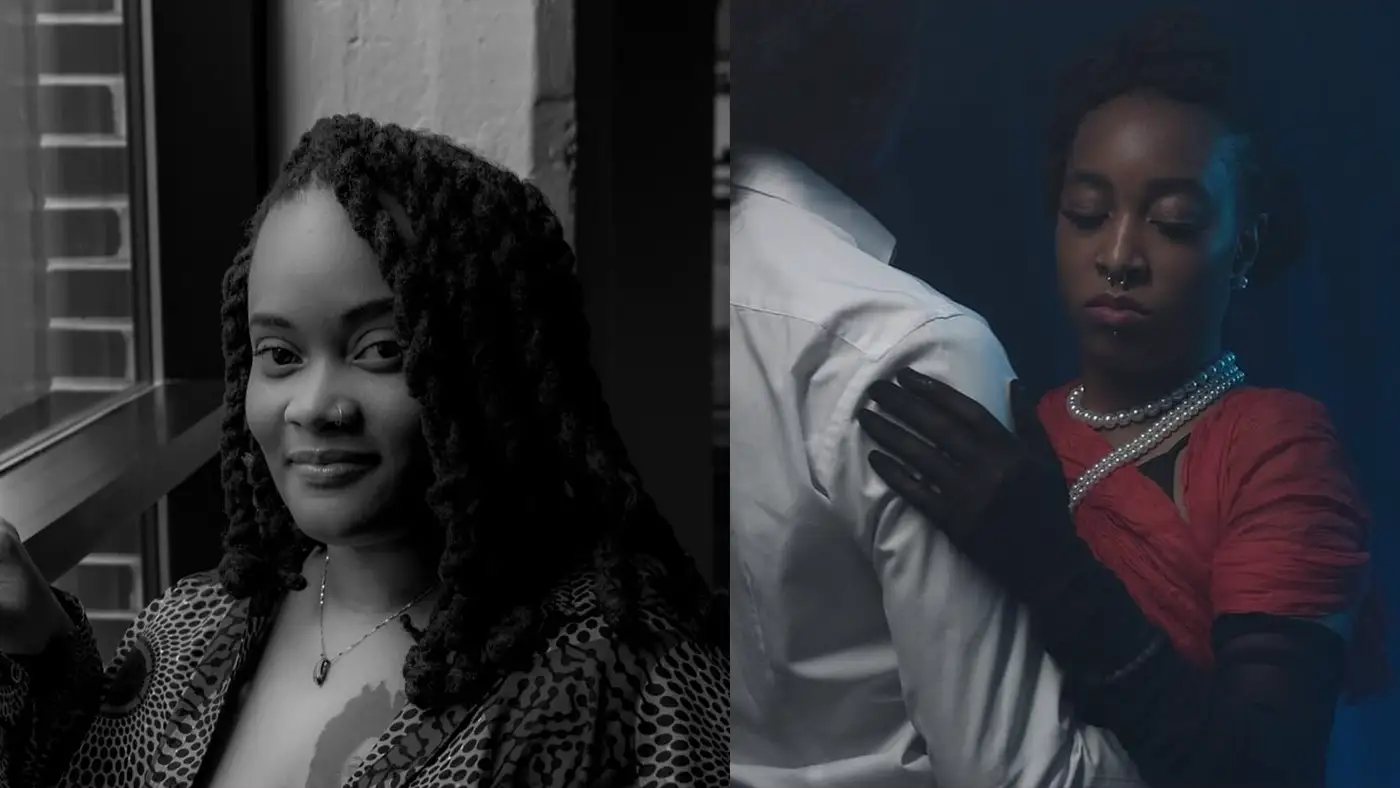 Two images: one of Breanna by a window, and another dancing closely in elegant attire.