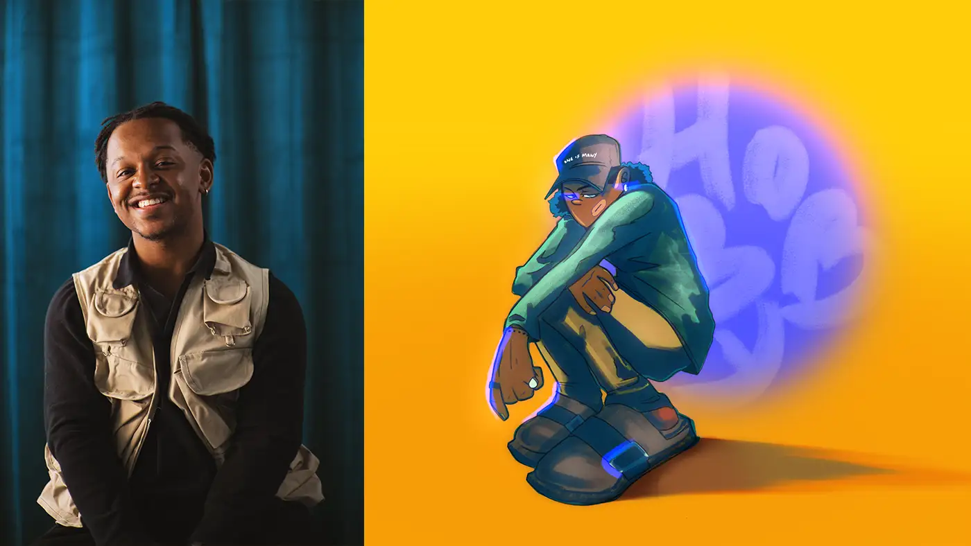 Dante Nash Headshot beside a colorful illustration of a crouching character on a yellow background.