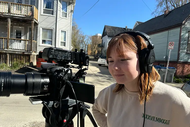 Student Georgia Didier working on documentary project.