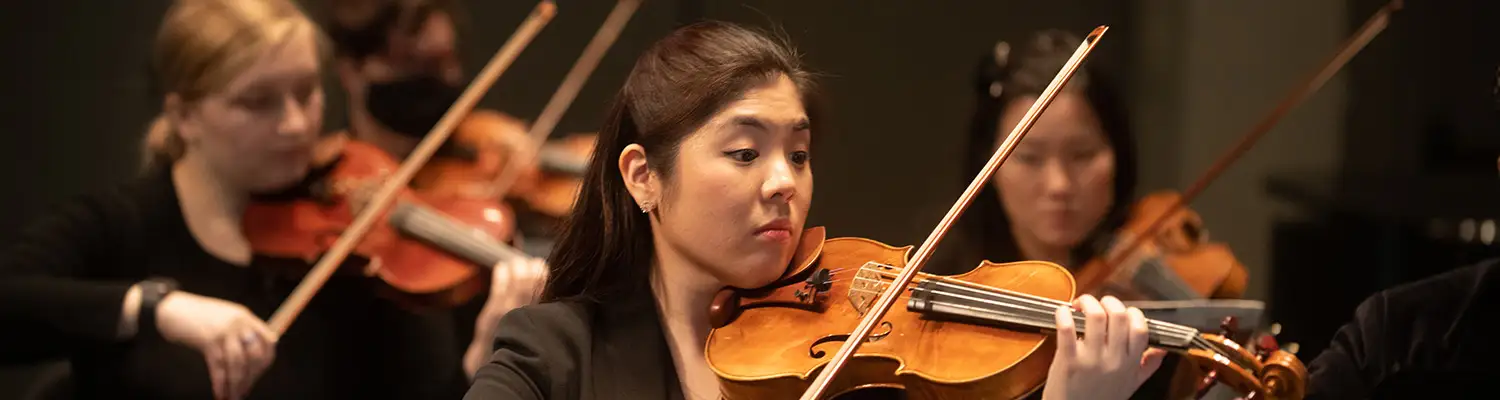 Orchestra musicians performing with violins during a concert, focused on string section in warm lighting.