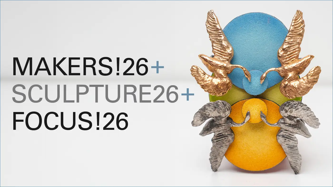 Colorful stacked circles with four metallic winged birds designed by Nora Imhoff.