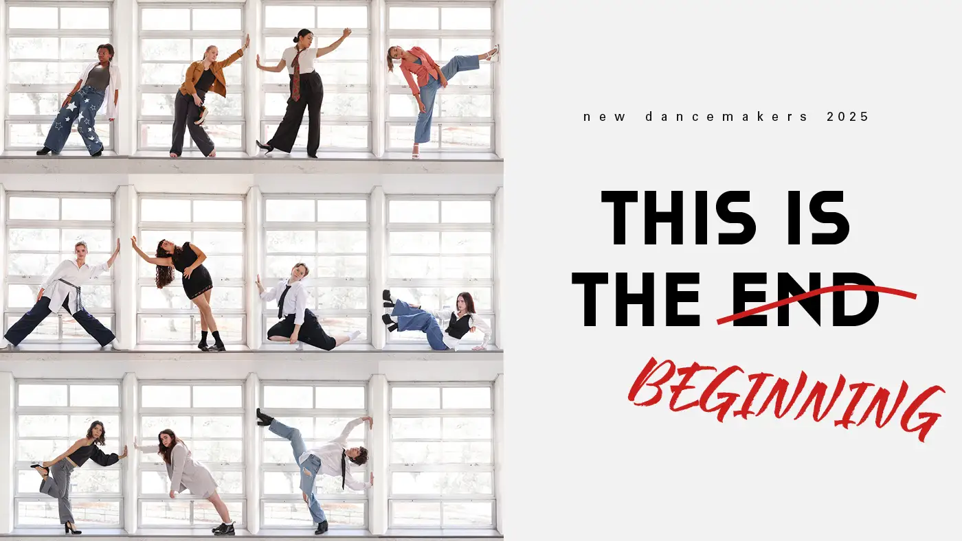 UWM Dance majors pose in bright window frames beside text reading “New Dancemakers 2025: This Is the Beginning."
