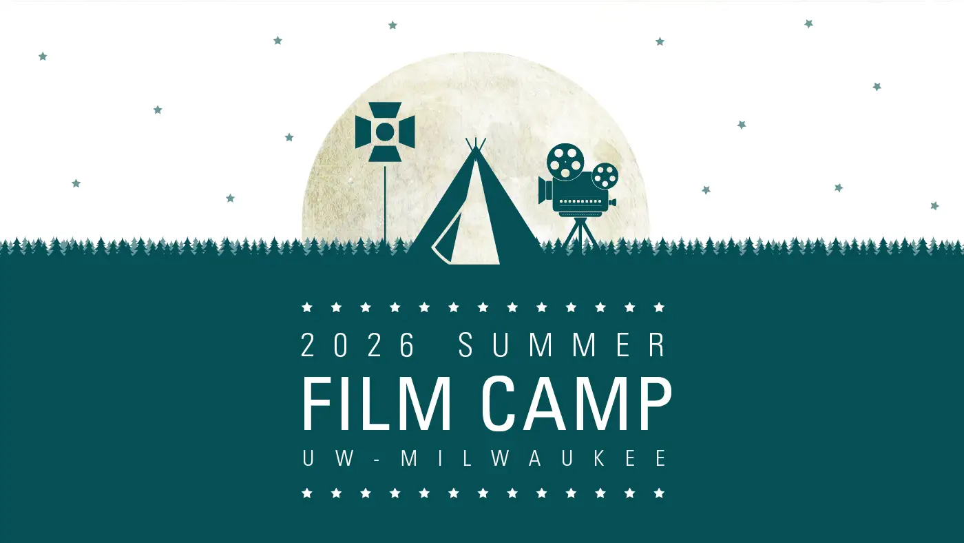Illustration of a film camp tent with camera and lights under a moonlit sky.