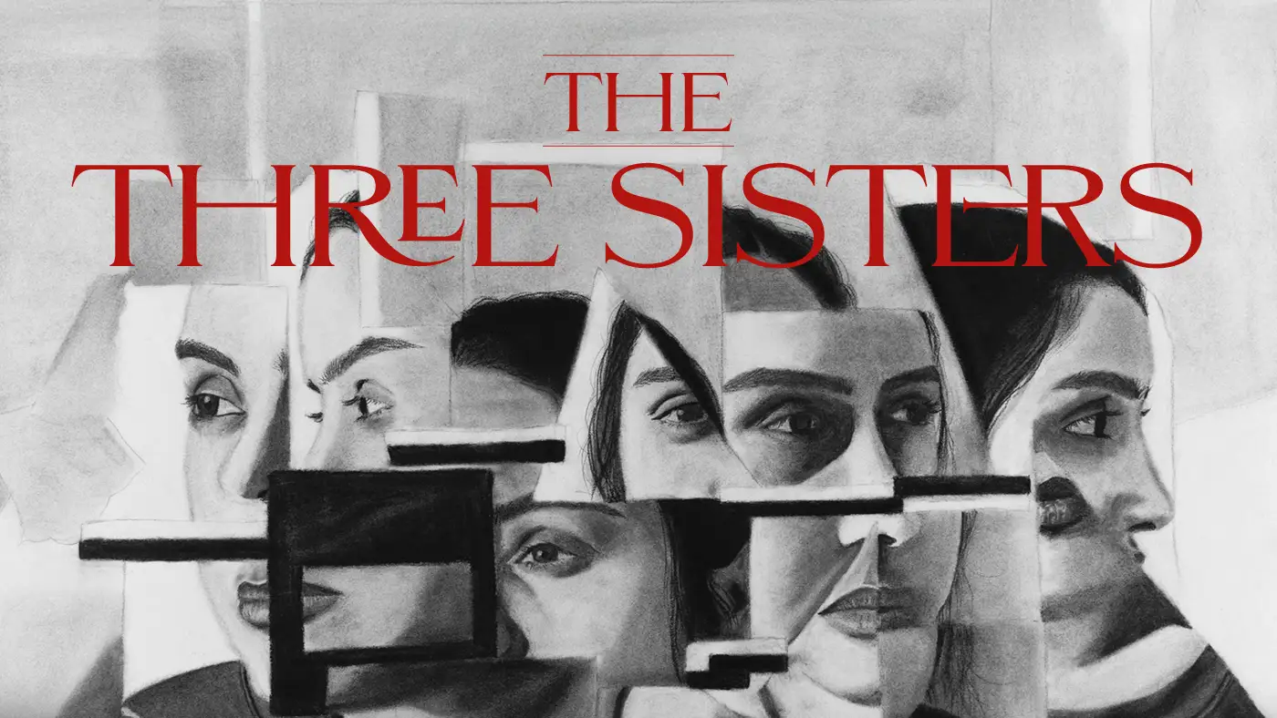 Charcoal collage artwork of fragmented faces with the title “The Three Sisters”