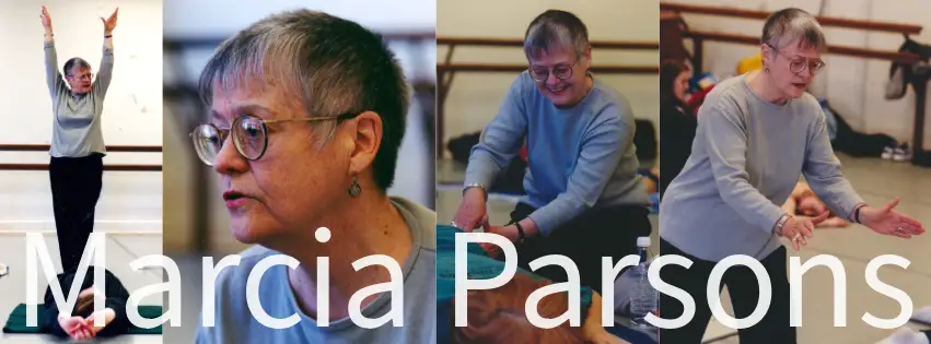 A sequence of four photos showing someone in a studio space demonstrating movement and teaching, with the name "Marcia Parsons" overlaid.