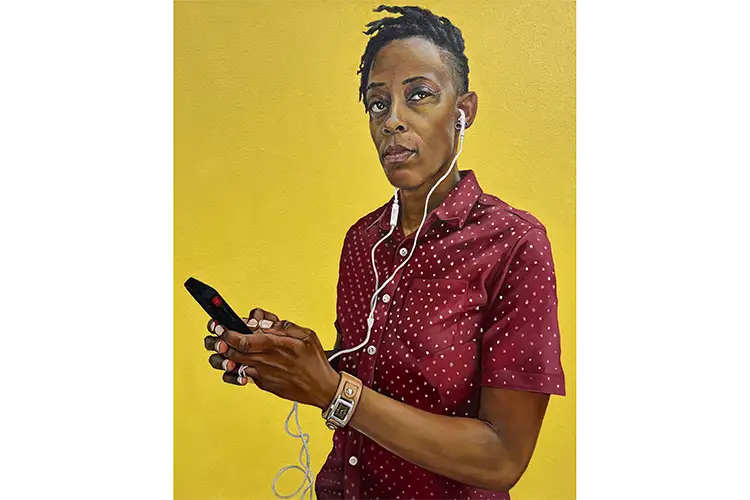Serita Amy-O'Neill RECENT WORK Painting of a person in a maroon polka-dot shirt holding a phone with white earphones against a yellow background.