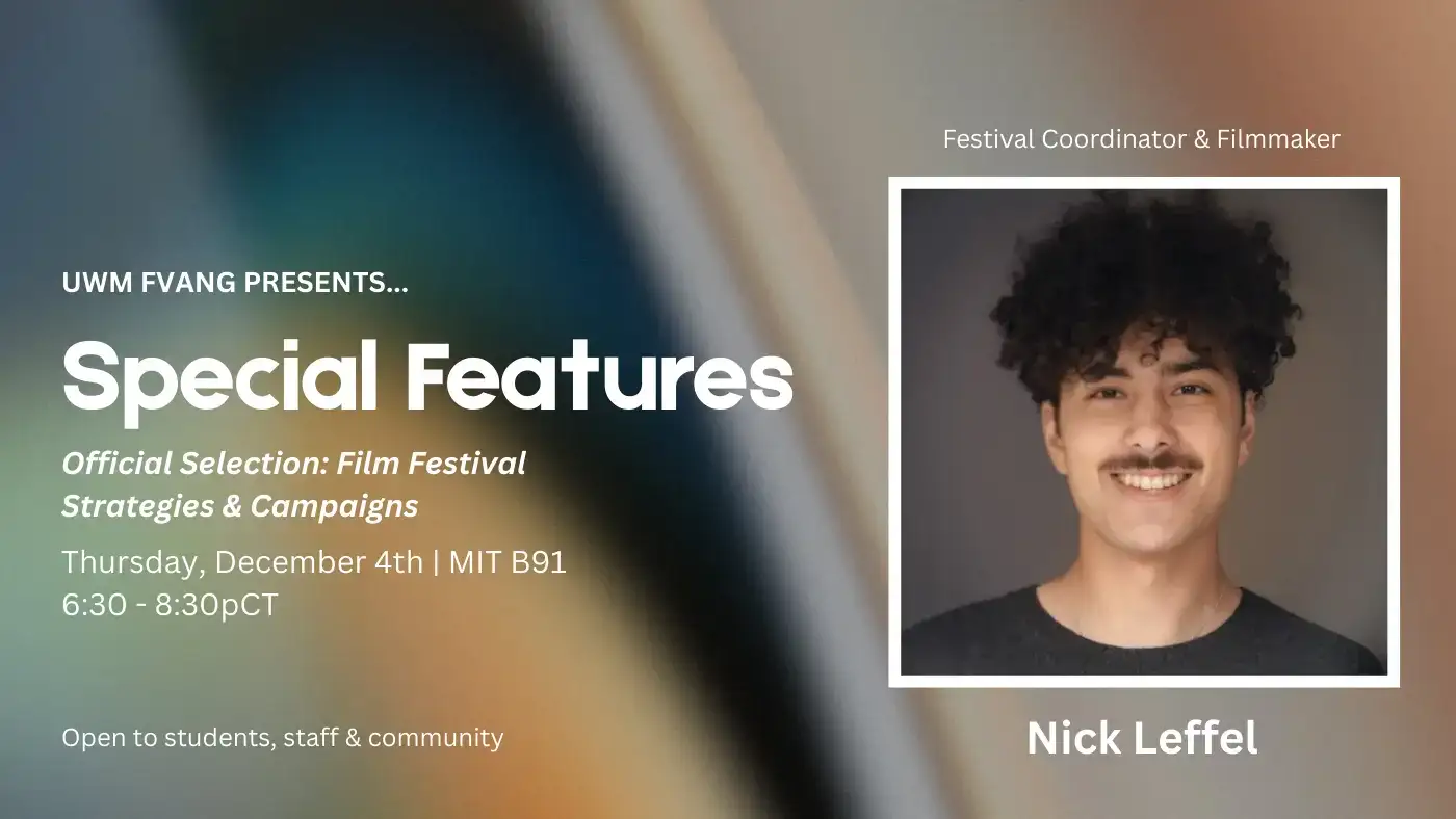 Event graphic for a talk titled ‘Special Features’ featuring details and a speaker portrait.