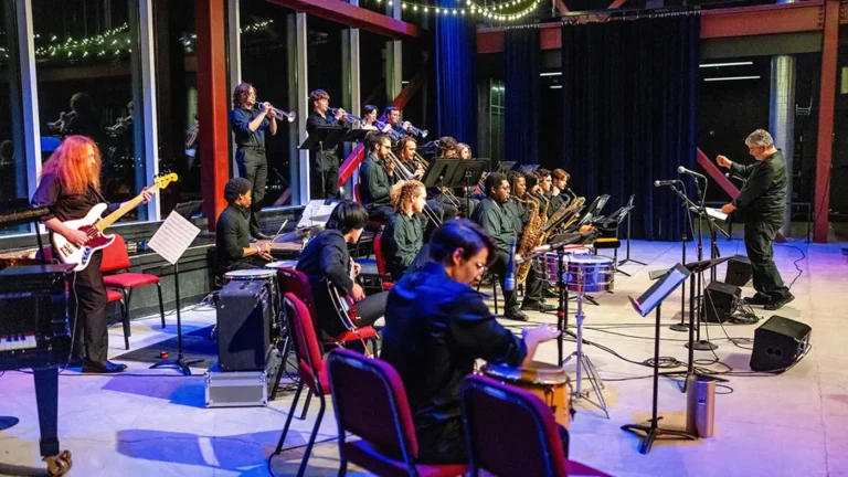 UWM Jazz Ensemble led by Director Dave Bayles performing in Kenilworth Square East Jan Serr Studio.