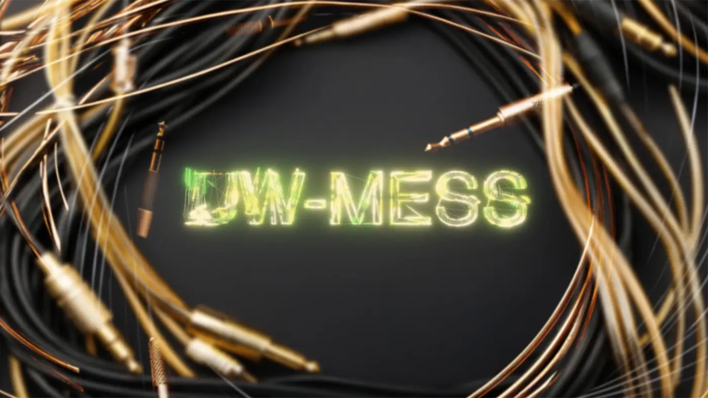 A pile of audio cables circles the copy "UW-MESS" on a black background