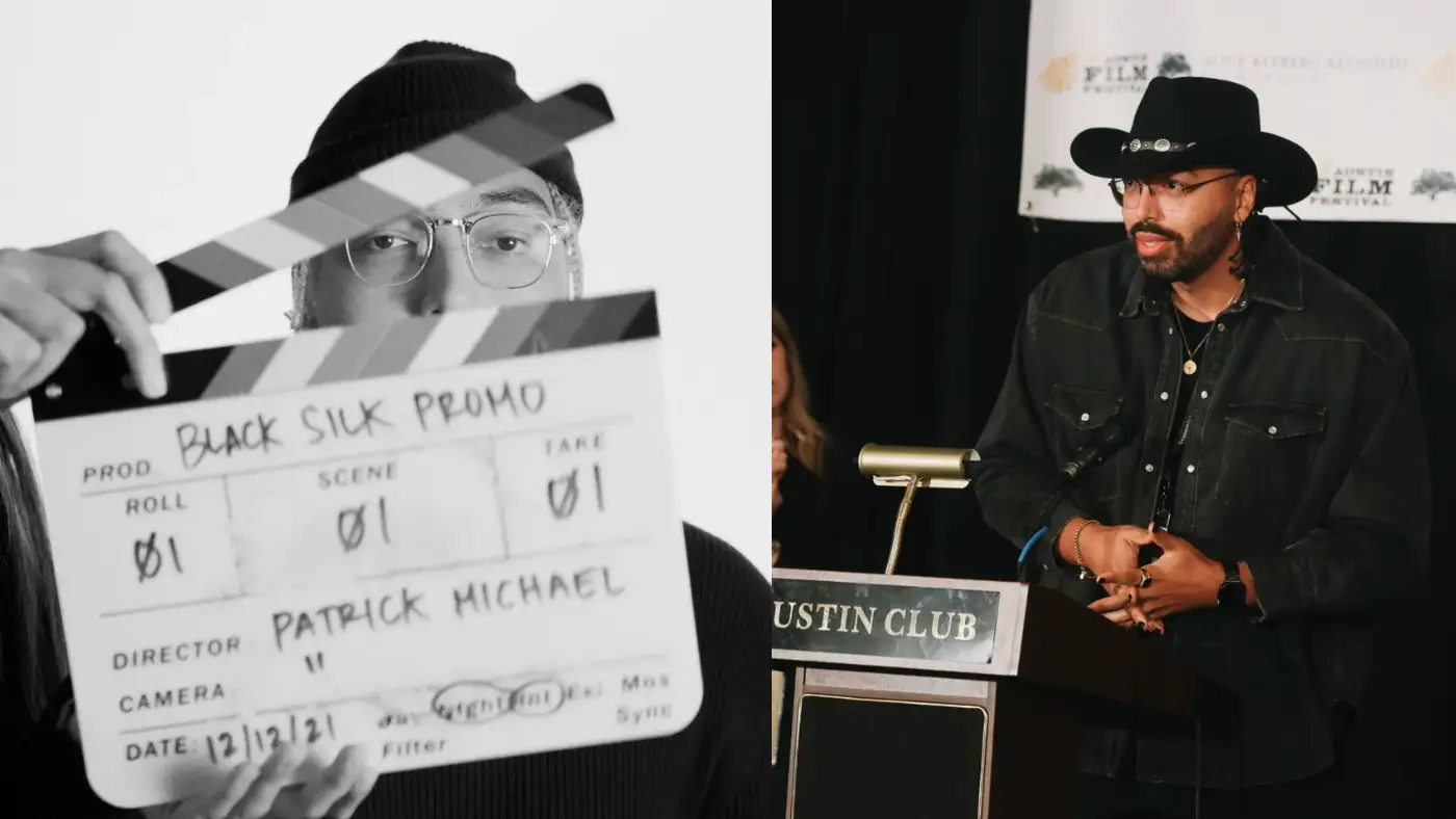 Patrick Michael holding a film slate and another speaking at a podium during a film event.