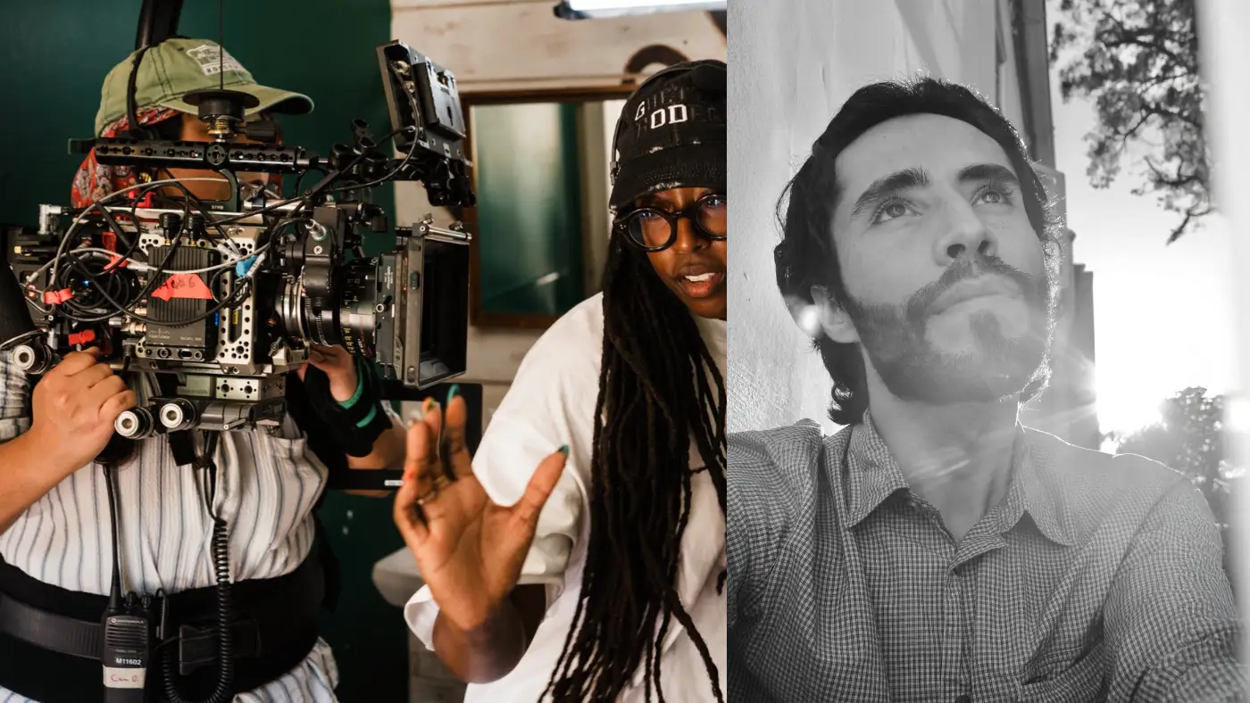 Camera operator filming, person gesturing on set, and another sitting outdoors in sunlight.