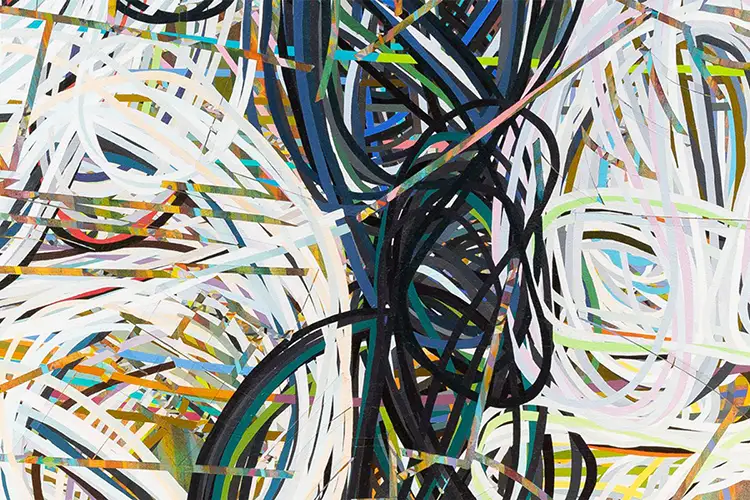 Abstract painting of overlapping colorful lines and curves in dense layered patterns.