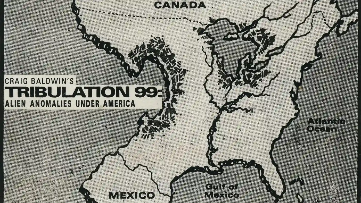 A still frame showing an old map of the United States of America showing alien anomalies.