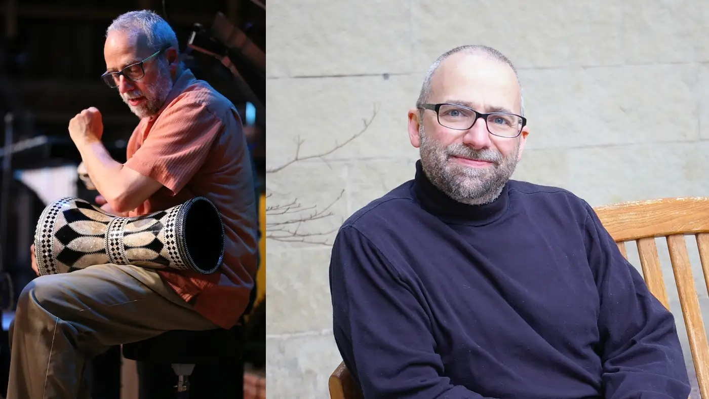 Two photos of Anthony Di Sanza: playing a hand drum on stage and sitting on a wooden bench outdoors.